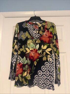 Johnny Was Black Floral V-Neck Long Sleeve Top with Red and Green Accents